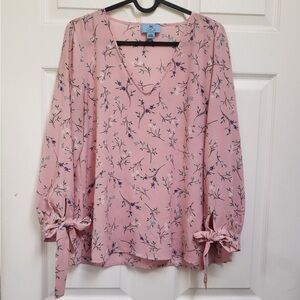 CeCe Pink Floral Long Tie Sleeve V-Neck Blouse Top Size S Small